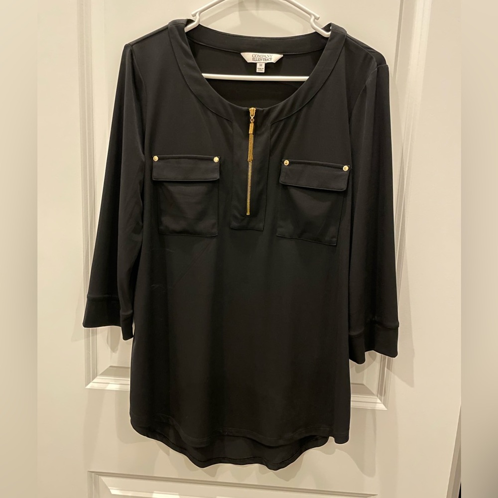 Ellen Tracy black blouse with gold zipper
